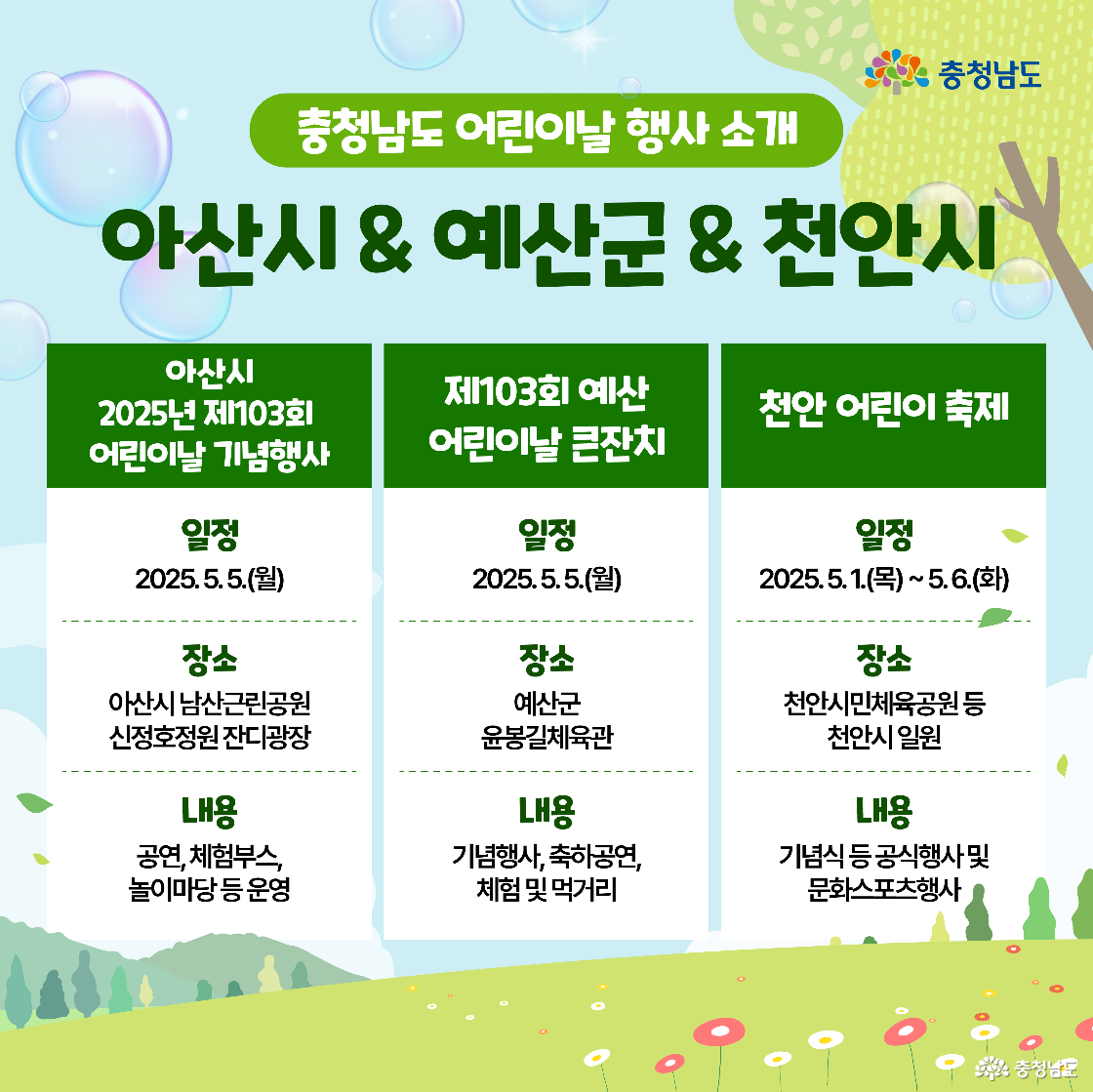 아산시, 예산군, 천안시의 어린이날 행사를 소개하는 표 형식 이미지이다. 각 지역별로 행사 일정, 장소, 주요 프로그램(기념식, 공연, 체험부스 등)이 안내된다. 배경은 들판 위에 비눗방울과 아이콘이 떠다닌다.