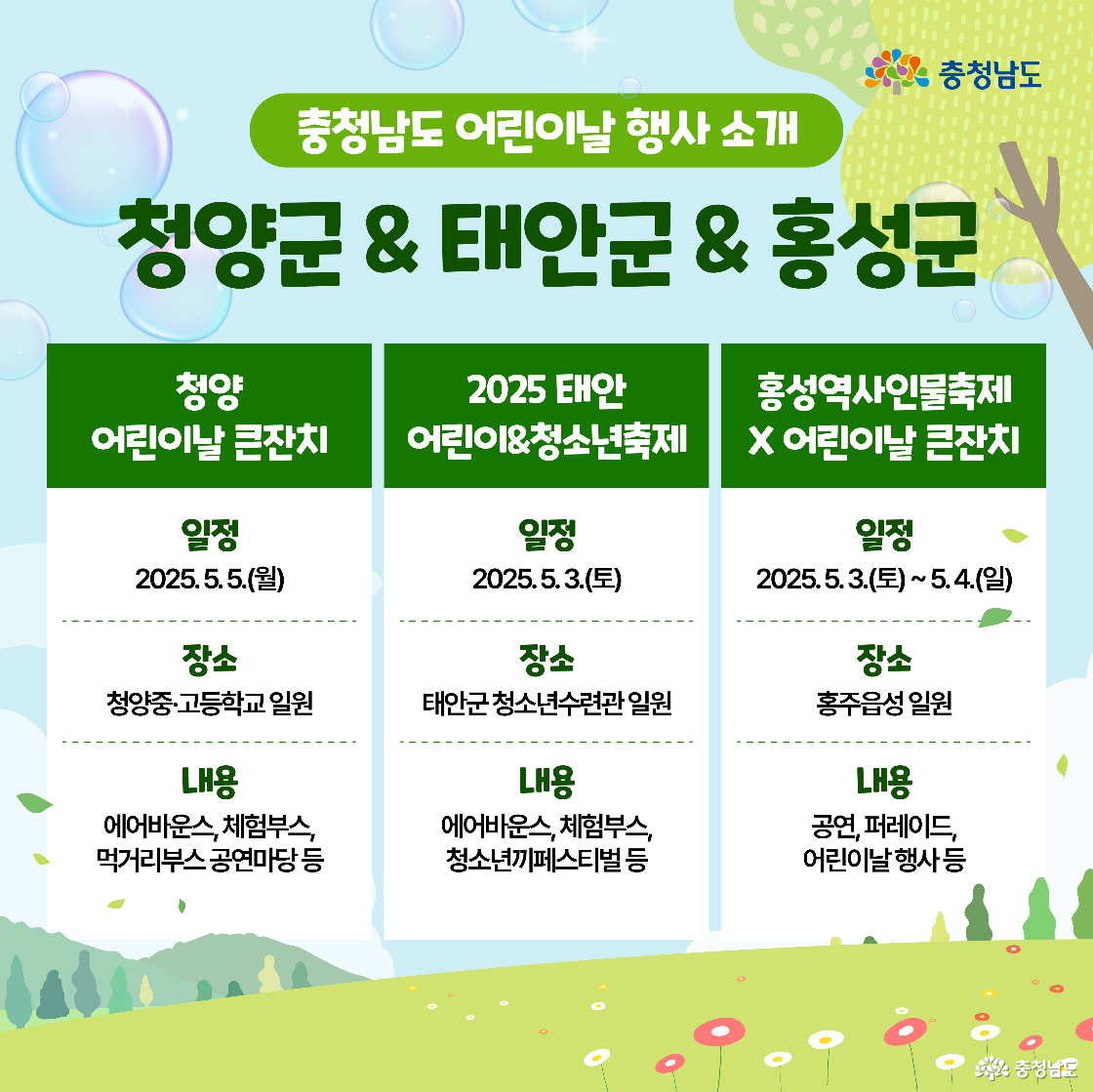 청양군, 태안군, 홍성군의 어린이날 행사 정보를 담은 표 이미지이다. 각 지역에서 열리는 축제의 일정과 행사 내용이 요약되어 있다. 축제 장소는 주로 학교 운동장과 청소년수련관이다.