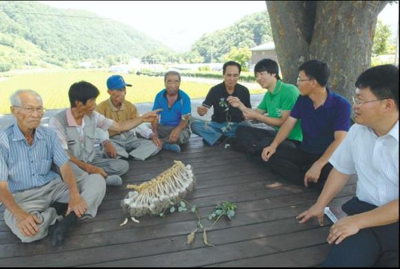 충남도청과 금산군청 직원들이 막현리 마을을 찾아 주민들과 산더덕 및 진산마늘에 대해 이야기를 나누고 있다.